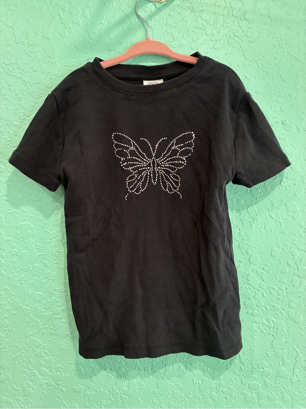Zara girls 11-12 Black Rhinestone Butterfly Tee Y2K babydoll crop black